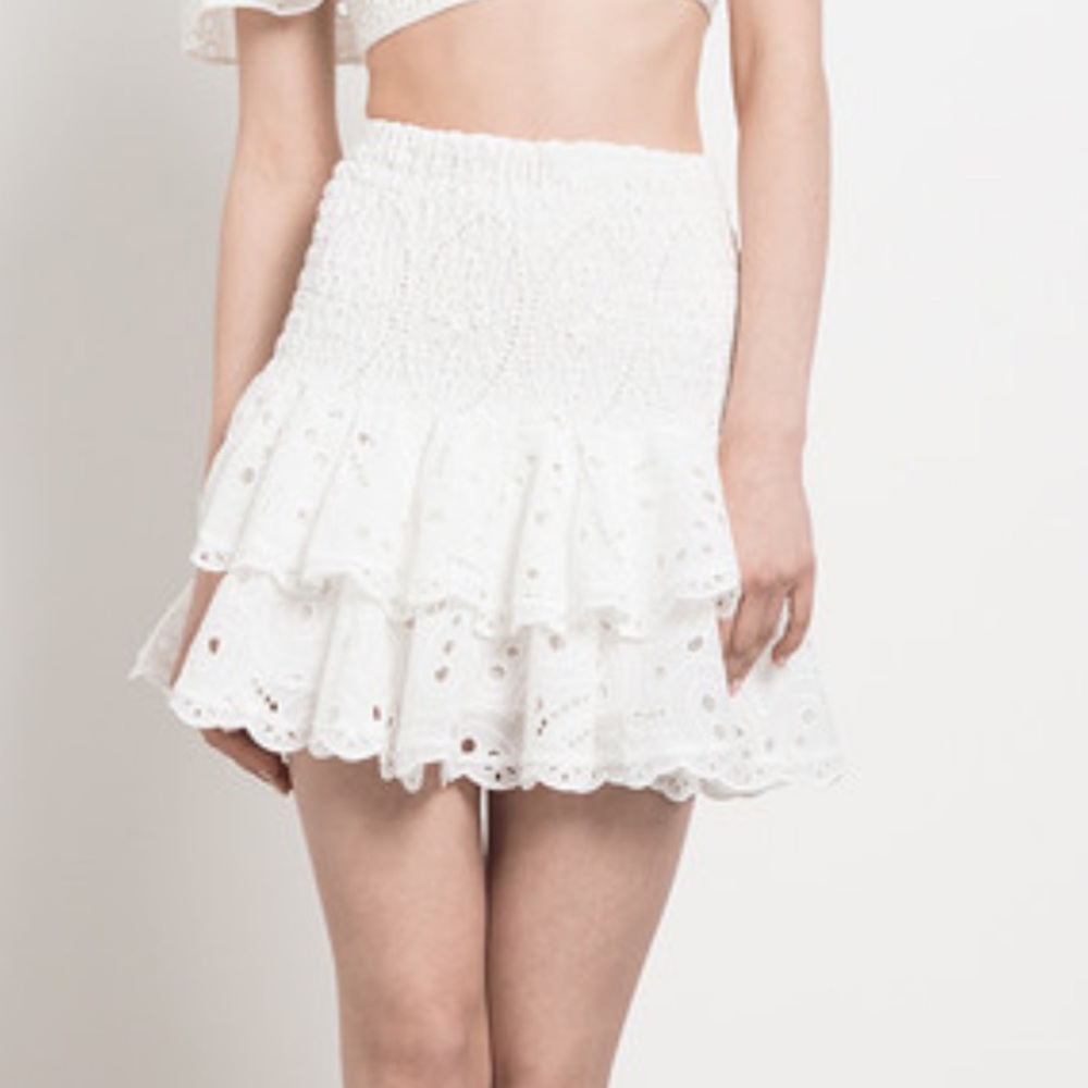 Charo Ruiz White Bubble Mini Skirt with Smocked Ruffles